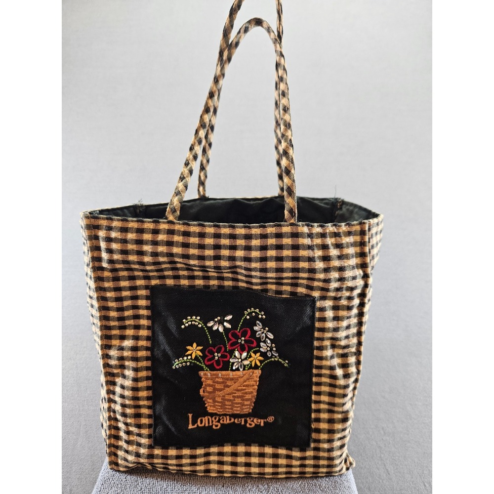 Longaberger Fabric Tote Bag Gingham Check Floral Basket Embroidered Black Tan